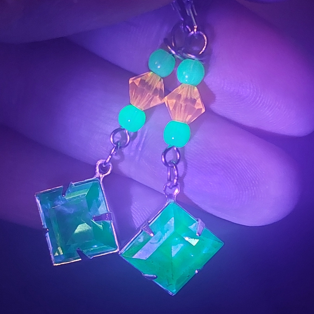Teal uranium rhinestone earrings with cadmium accent stainless steel